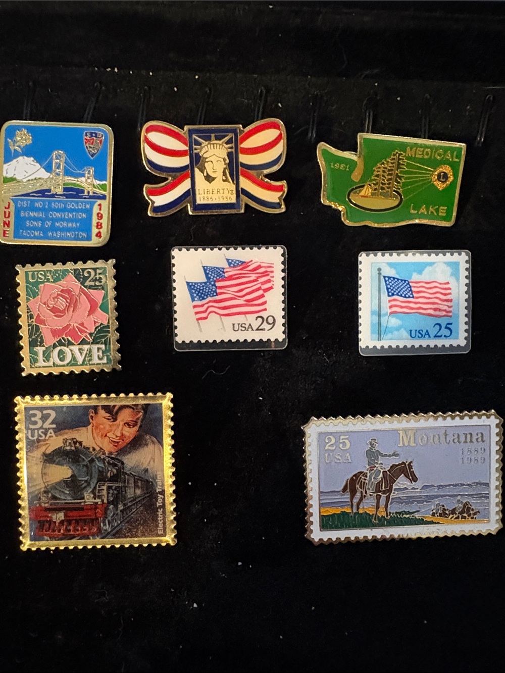 Vintage Enamel Stamp Pin Collection Set